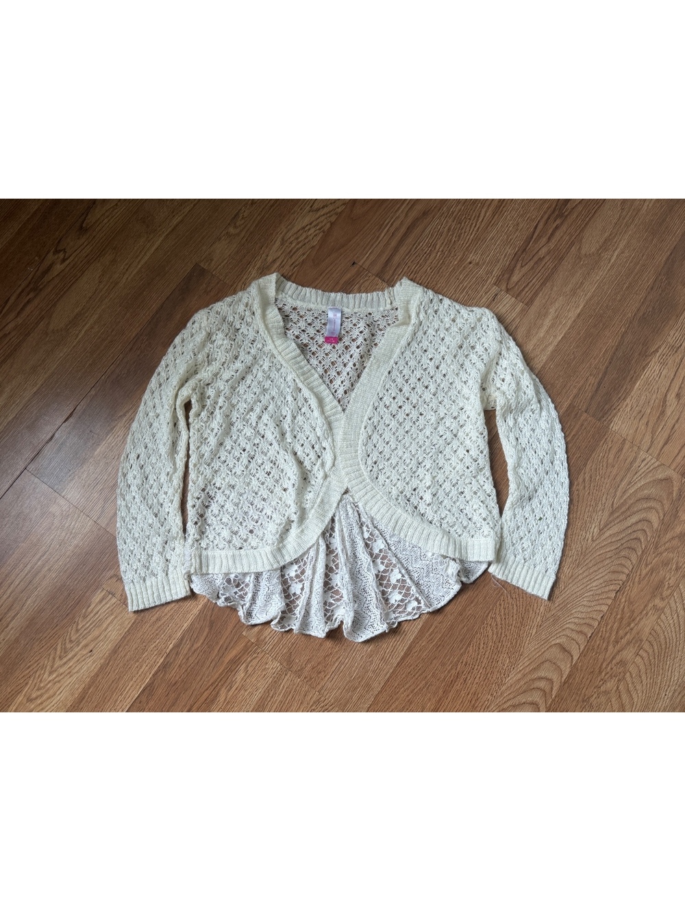 No Boundaries Cream Crochet Knit Cardigan with Lace Ruffle Detail, Size Large